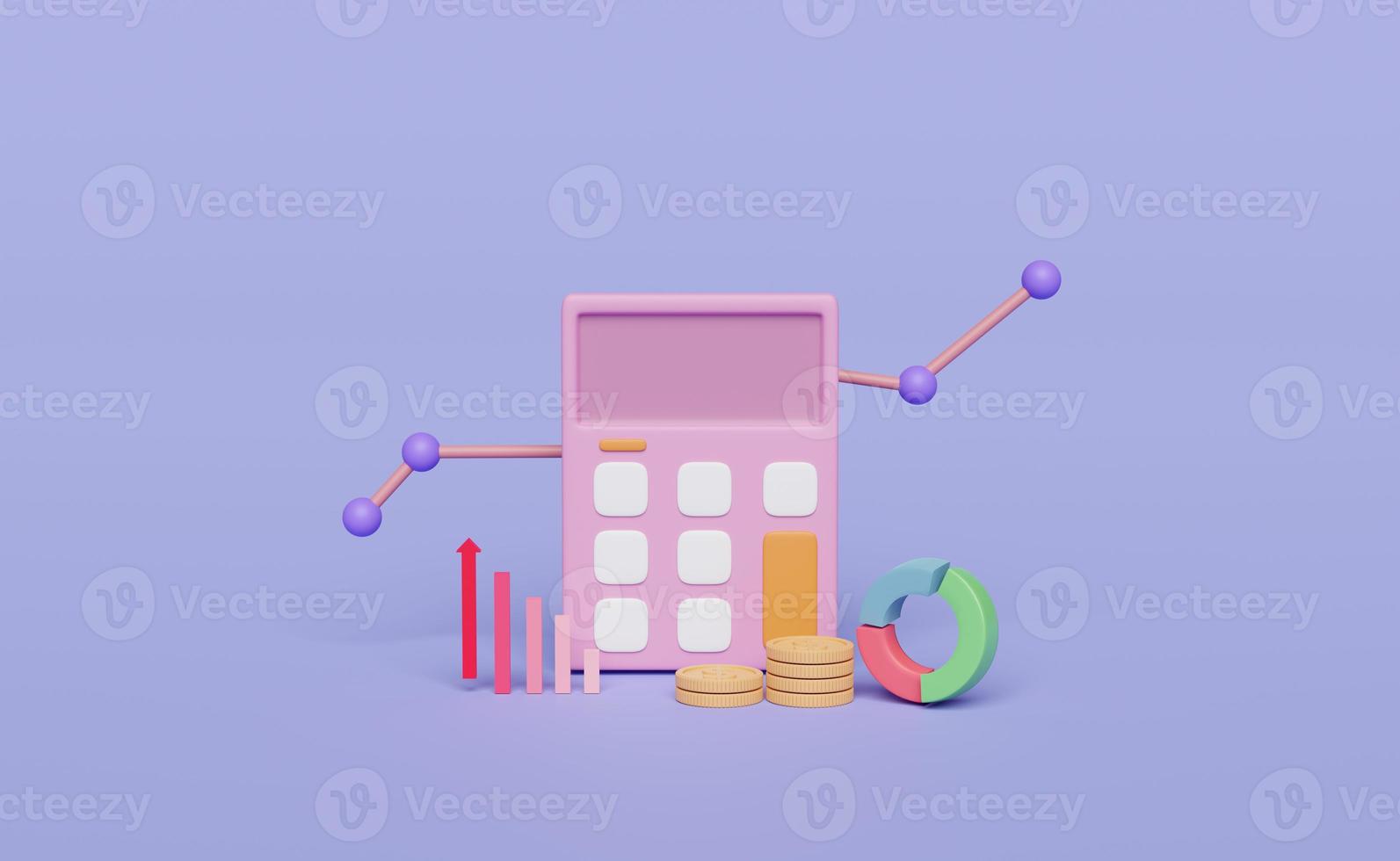 3D calculator icon with coins stack, charts graph isolated on purple background. analytics calculating financial risk concept, 3d render illustration photo