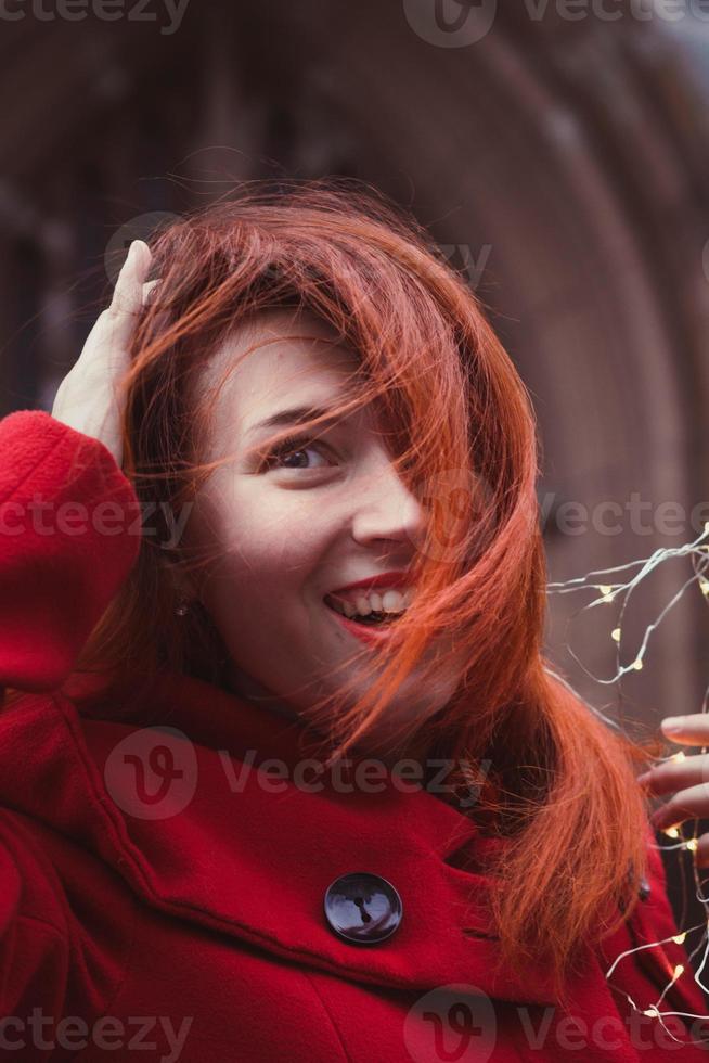 Close up emotional woman with glowing lights outdoors portrait picture photo