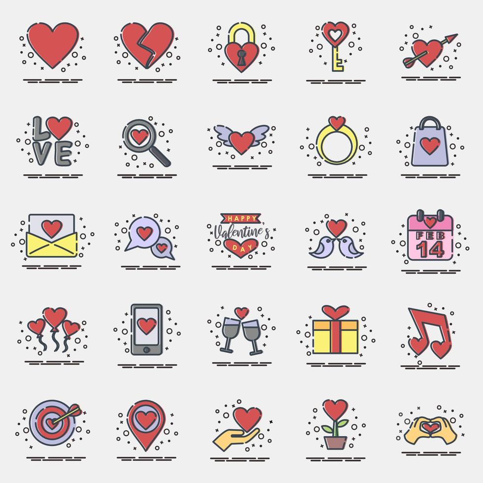 Icon set of valentine day. Valentine day celebration elements. Icons in MBE style. Good for prints, posters, logo, party decoration, greeting card, etc. vector