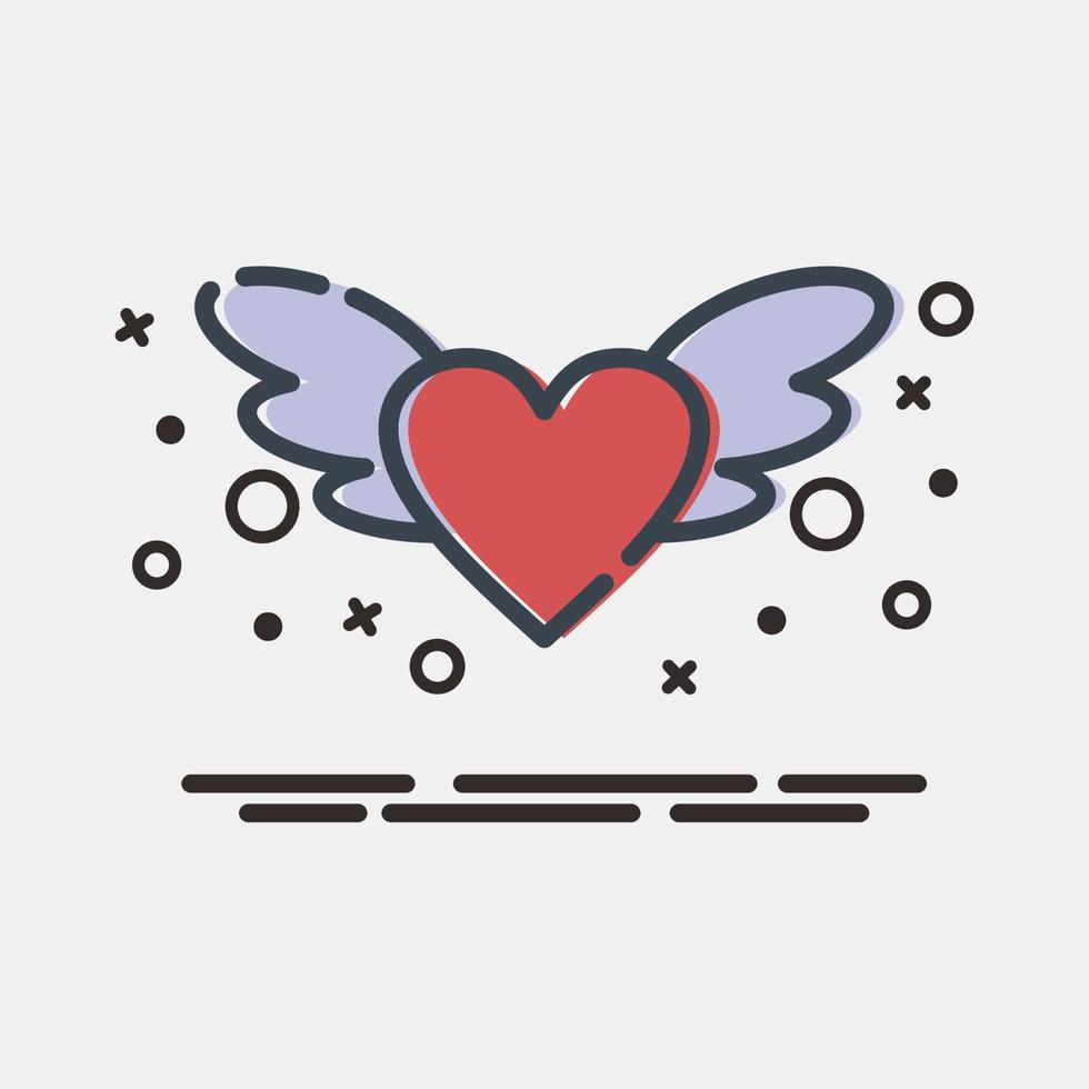 corazón de icono con alas. elementos de celebración del día de san valentín. iconos en estilo mbe. bueno para impresiones, carteles, logotipos, decoración de fiestas, tarjetas de felicitación, etc. vector