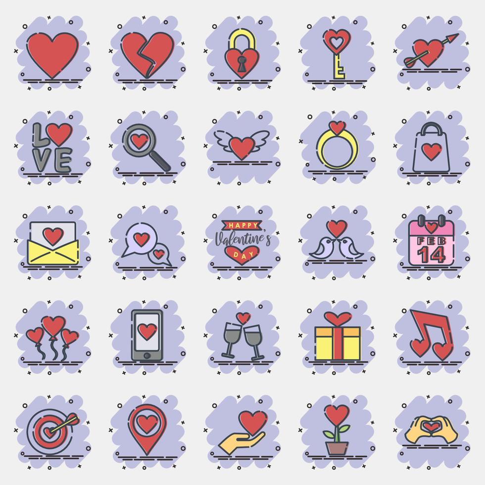 conjunto de iconos del día de san valentín. elementos de celebración del día de san valentín. iconos en estilo cómico. bueno para impresiones, carteles, logotipos, decoración de fiestas, tarjetas de felicitación, etc. vector