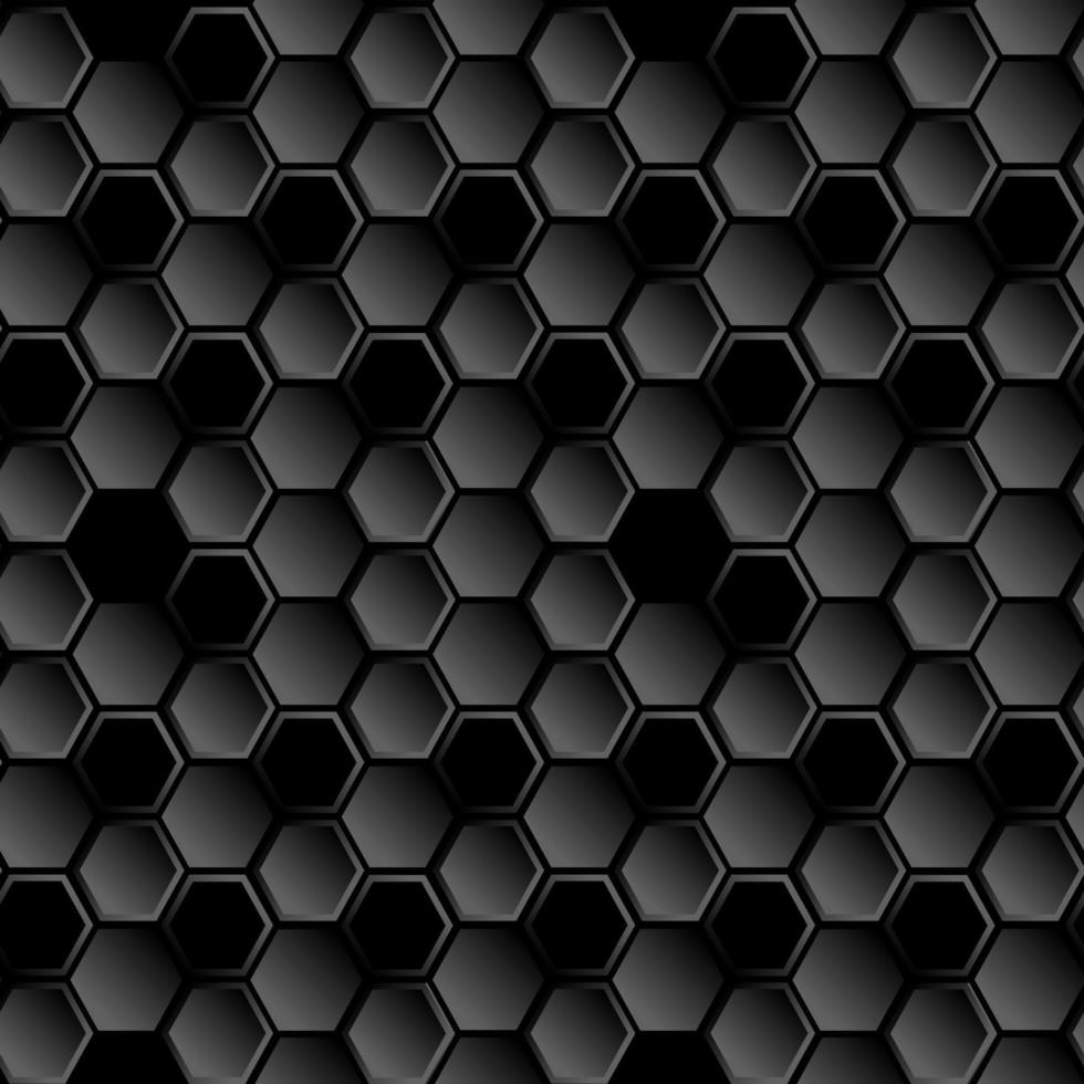 Black beehive background. Futuristic honeycomb, bees hive cells mosaic seamless pattern. Realistic geometric mesh cells texture. Bee honey shapes. Hexagon, hexagon grid, hexagonal vector illustration.