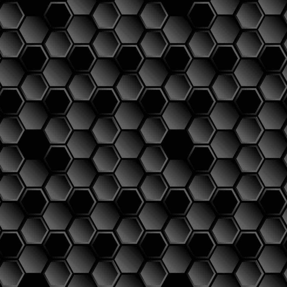 Black beehive background. Futuristic honeycomb, bees hive cells mosaic seamless pattern. Realistic geometric mesh cells texture. Bee honey shapes. Hexagon, hexagon grid, hexagonal vector illustration.