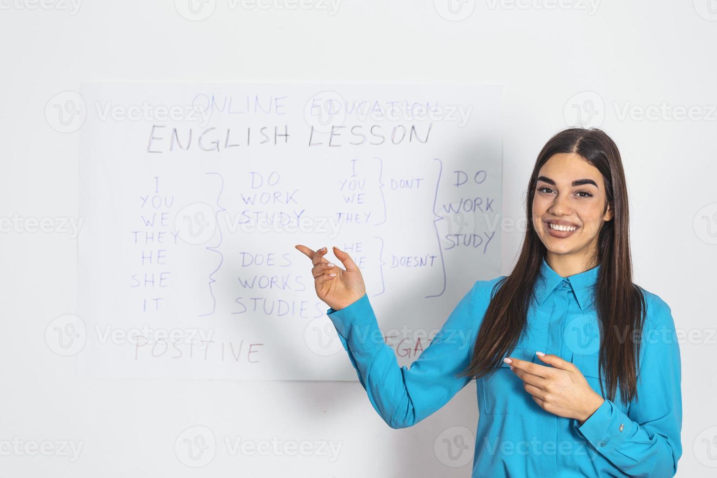 Young woman english teacher standing at a whiteboard giving an online lesson to camera. education at home in self isolation during quarantine lockdown. photo