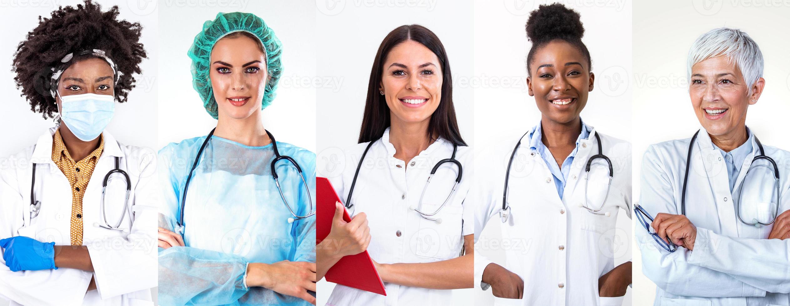 Collage of group of professional doctor nurse people over isolated background with a happy and cool smile on face. Lucky person. Medical staff around the world - ethnically diverse headshot portraits photo