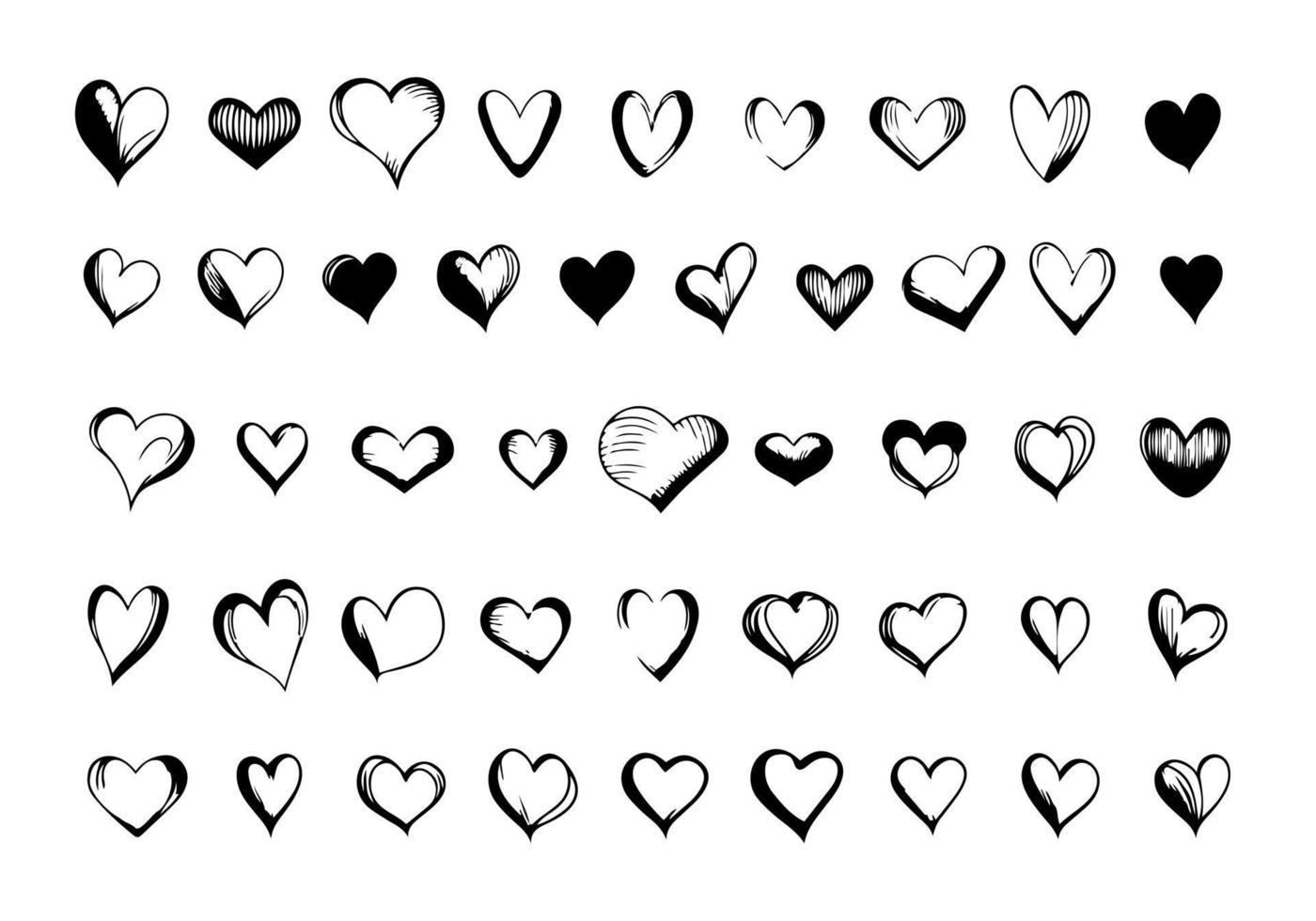 Hand drawn heart hearts love valentines day doodle scribble black line art sketch icon set vector illustration