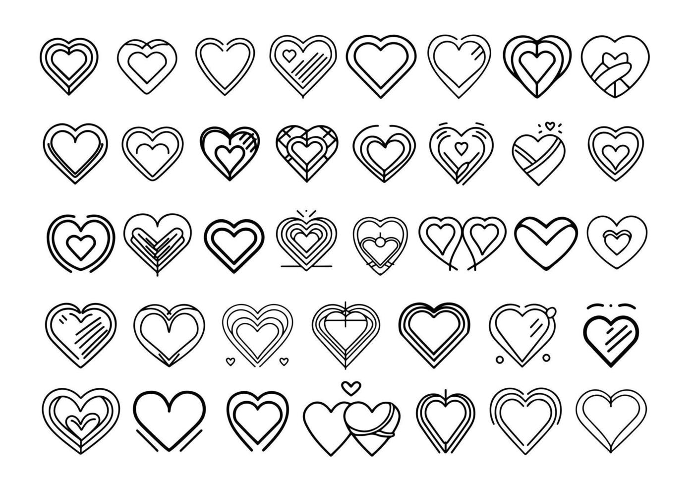 Hand drawn heart hearts love valentines day doodle scribble black line art sketch icon set vector illustration