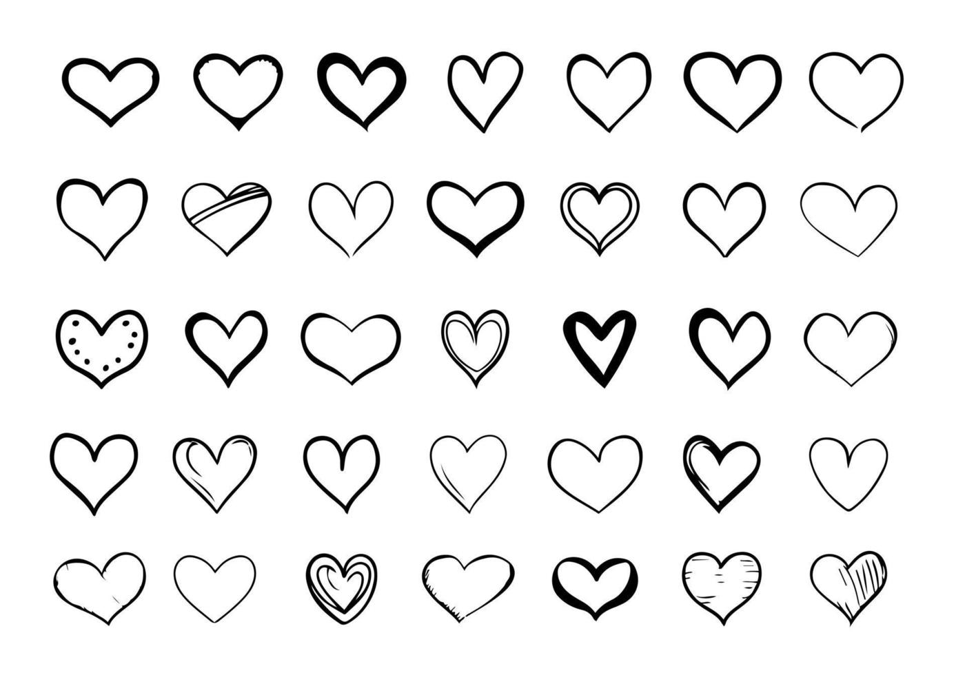 Hand drawn heart hearts love valentines day doodle scribble black line art sketch icon set vector illustration