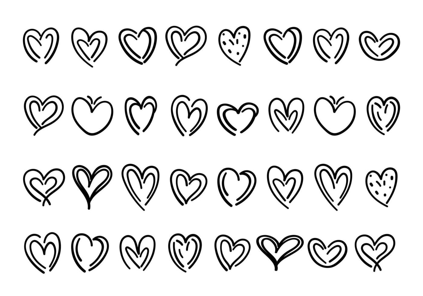 dibujado a mano corazón corazones amor día de san valentín garabato garabato línea negra arte boceto conjunto de iconos ilustración vectorial vector