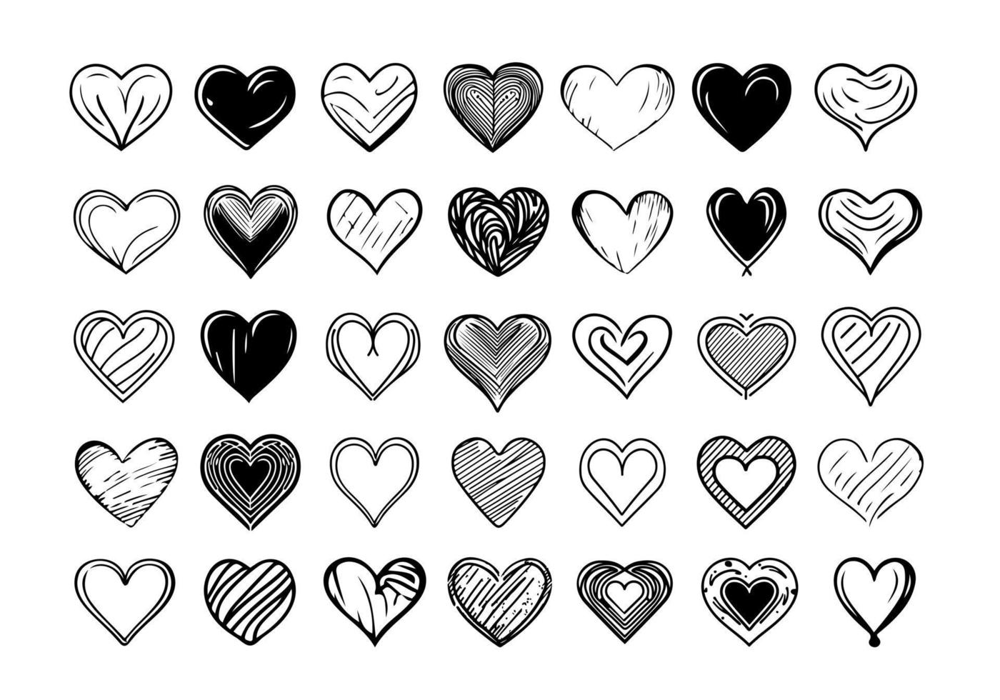 Hand drawn heart hearts love valentines day doodle scribble black line art sketch icon set vector illustration