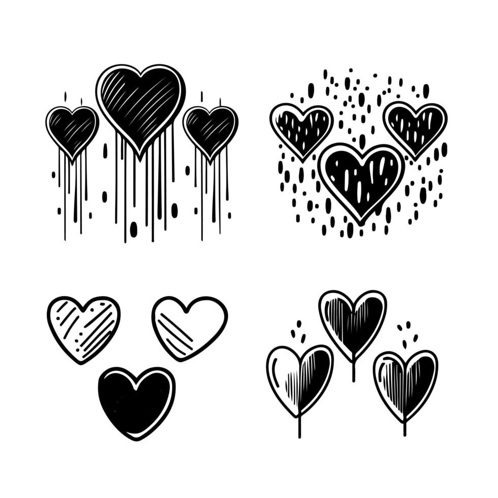 Hand drawn heart hearts love valentines day doodle scribble black line art sketch icon set vector illustration