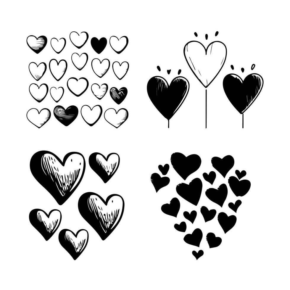 Hand drawn heart hearts love valentines day doodle scribble black line art sketch icon set vector illustration