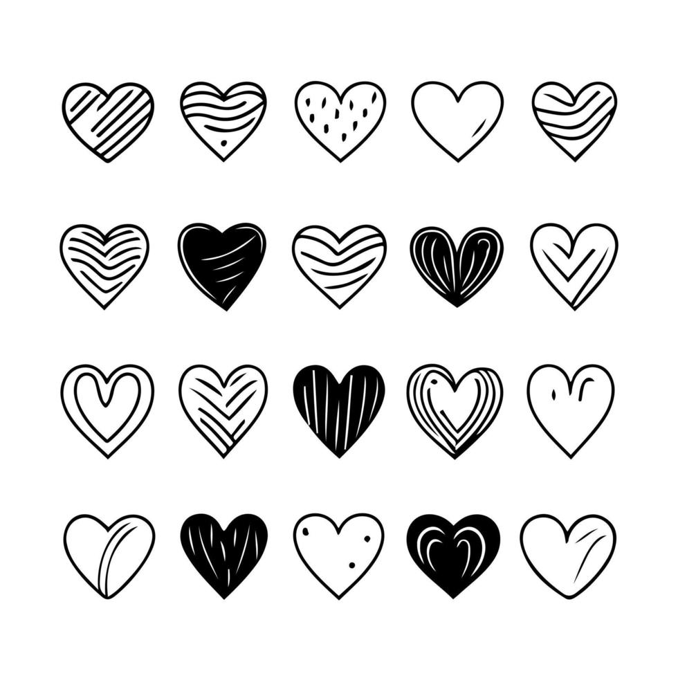 dibujado a mano corazón corazones amor día de san valentín garabato garabato línea negra arte boceto conjunto de iconos ilustración vectorial vector