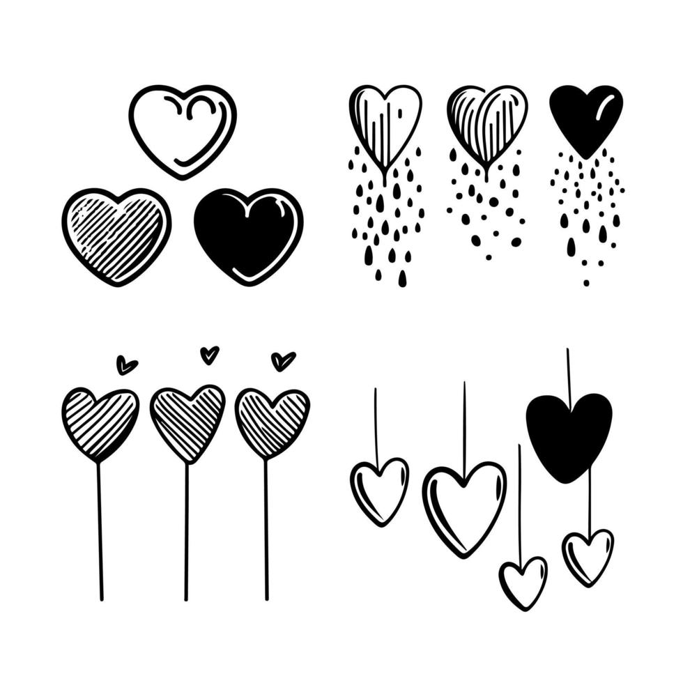 Hand drawn heart hearts love valentines day doodle scribble black line art sketch icon set vector illustration