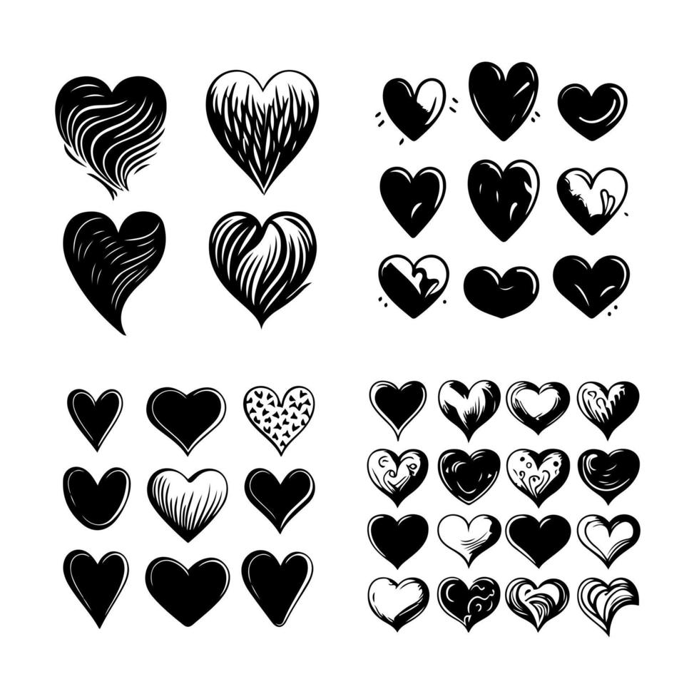 Hand drawn heart hearts love valentines day doodle scribble black line art sketch icon set vector illustration