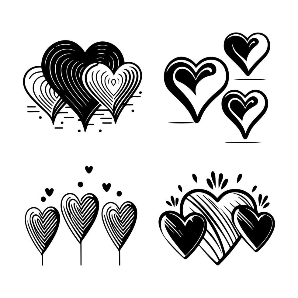 Hand drawn heart hearts love valentines day doodle scribble black line art sketch icon set vector illustration
