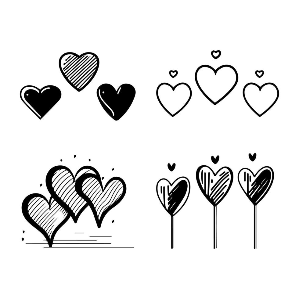 Hand drawn heart hearts love valentines day doodle scribble black line art sketch icon set vector