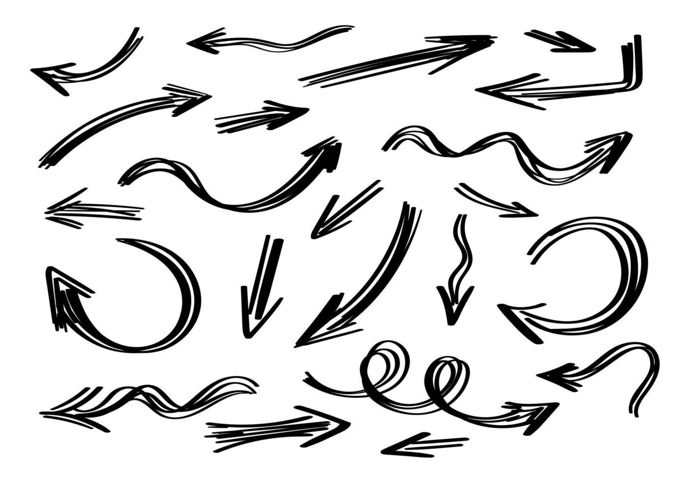 Hand drawn arrow arrows direction pointer cursor lines doodle scribble black line art sketch set vector illustration