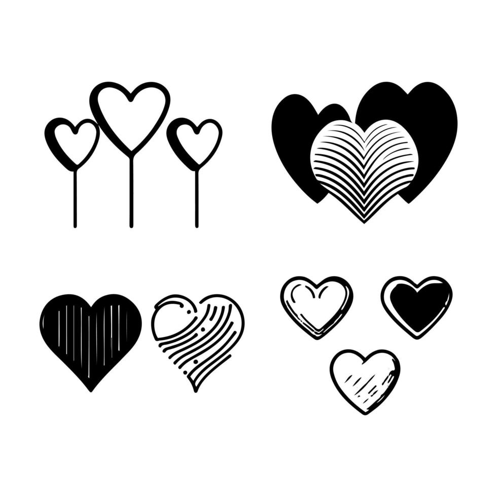 dibujado a mano corazón corazones amor día de san valentín garabato garabato línea negra arte boceto conjunto de iconos vector
