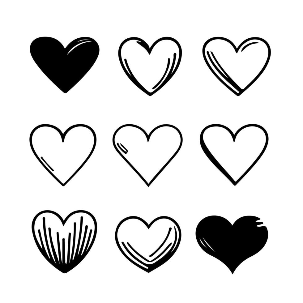 Hand drawn heart hearts love valentines day doodle scribble black line art sketch icon set vector