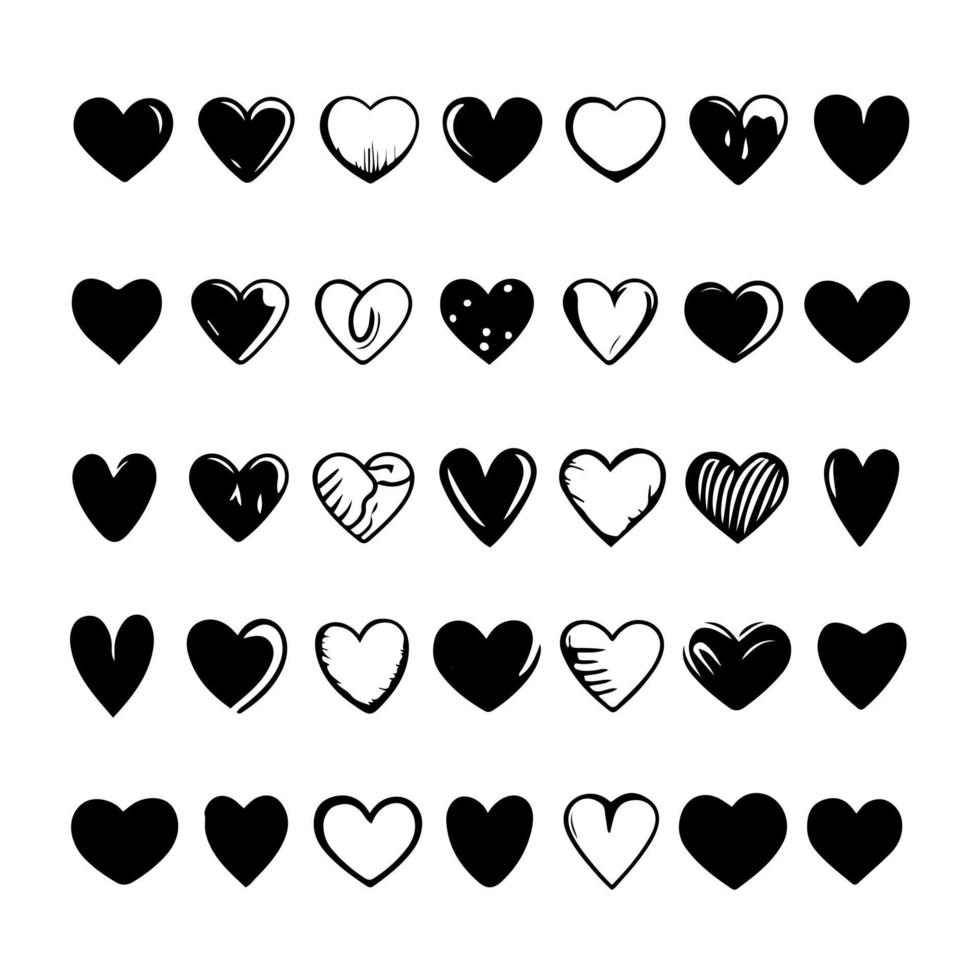 dibujado a mano corazón corazones amor día de san valentín garabato garabato línea negra arte boceto conjunto de iconos vector