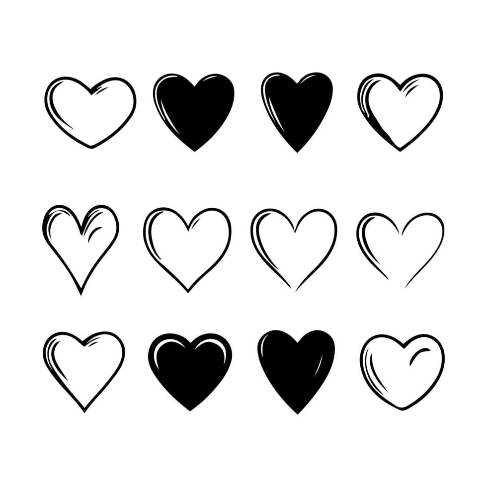 Hand drawn heart hearts love valentines day doodle scribble black line art sketch icon set vector