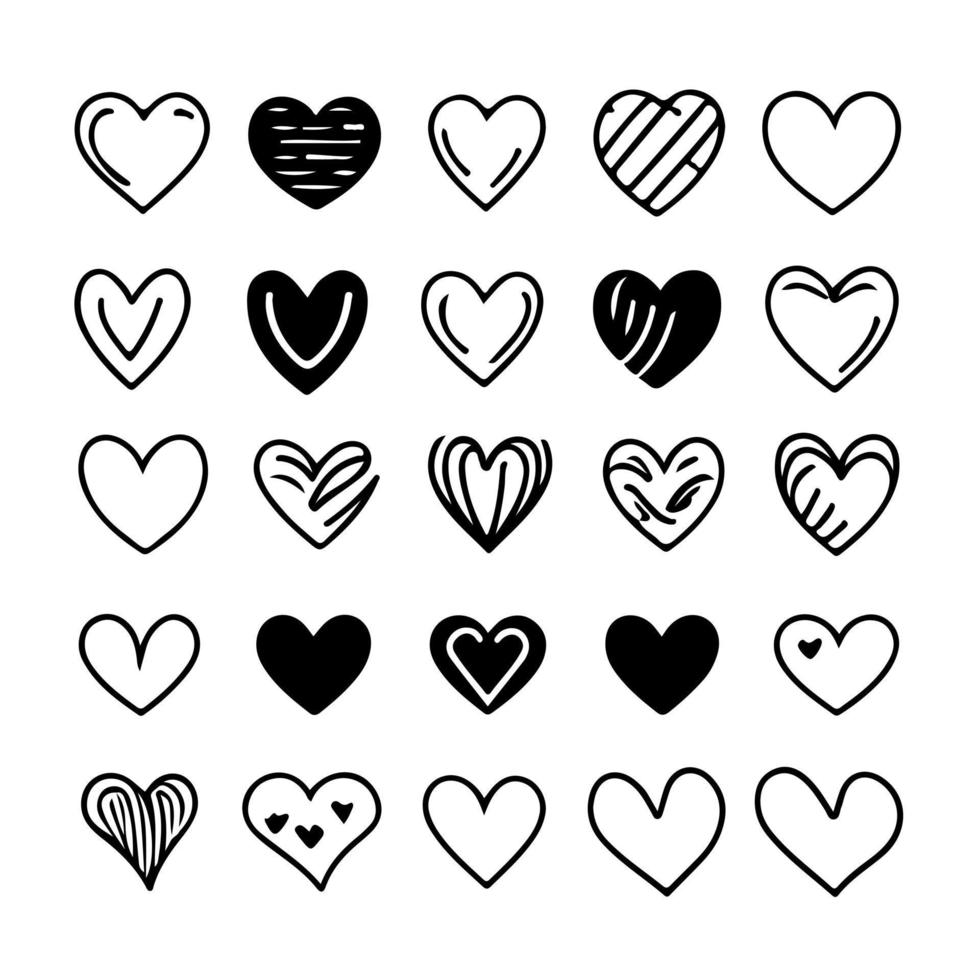 dibujado a mano corazón corazones amor día de san valentín garabato garabato línea negra arte boceto conjunto de iconos vector