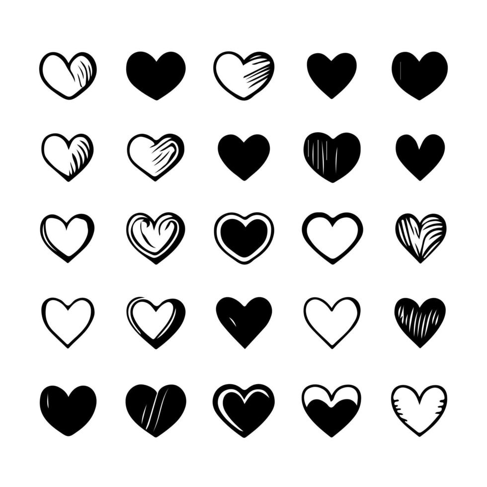 Hand drawn heart hearts love valentines day doodle scribble black line art sketch icon set vector