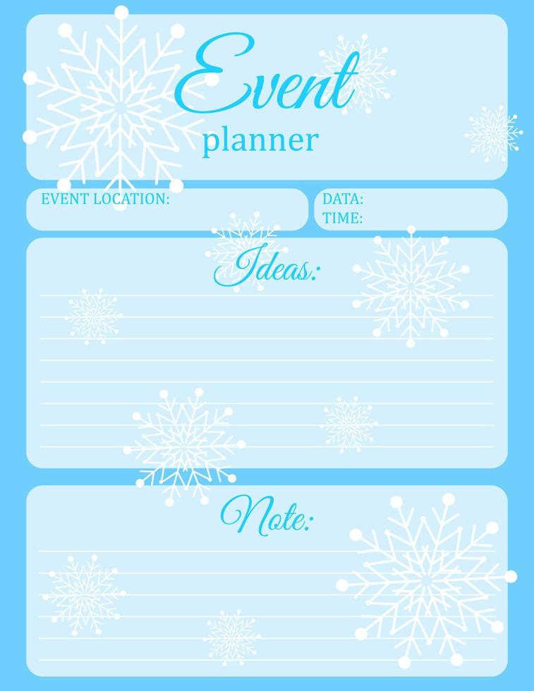 Event Planner Template. Snowflake pattern notebook page design. Vector illustration