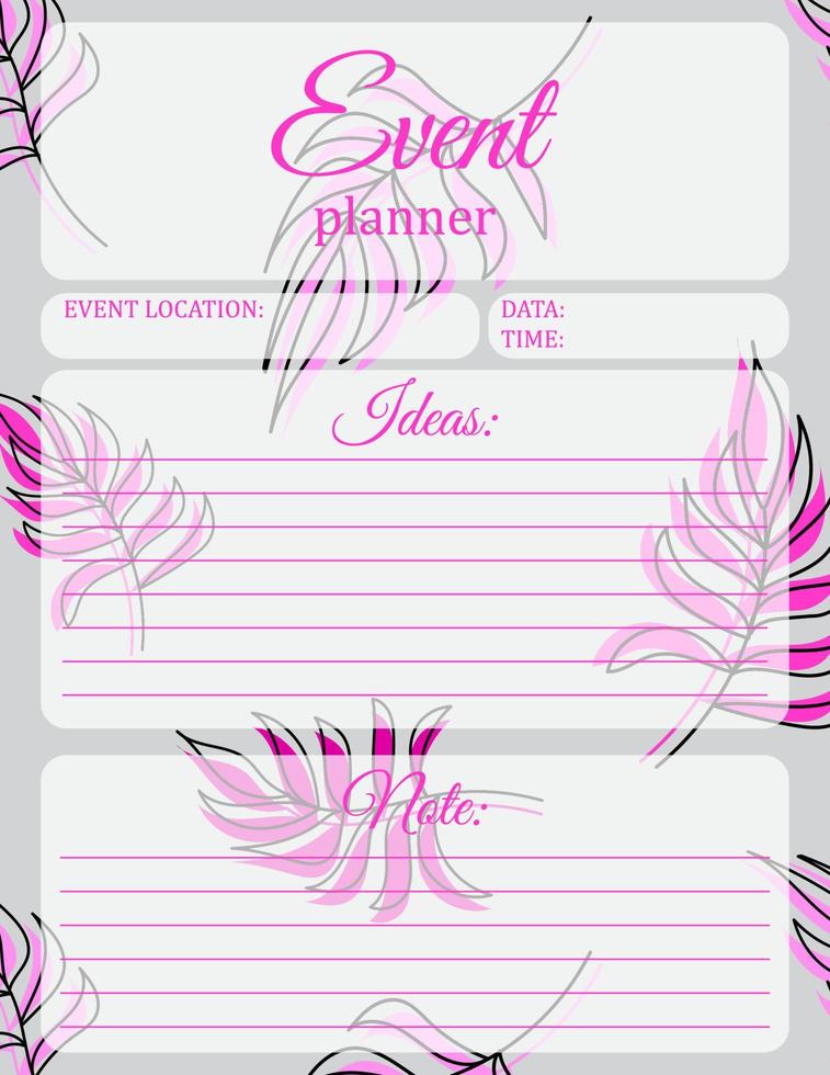 Event Planner Template. Tropical print notepad page design. Vector illustration
