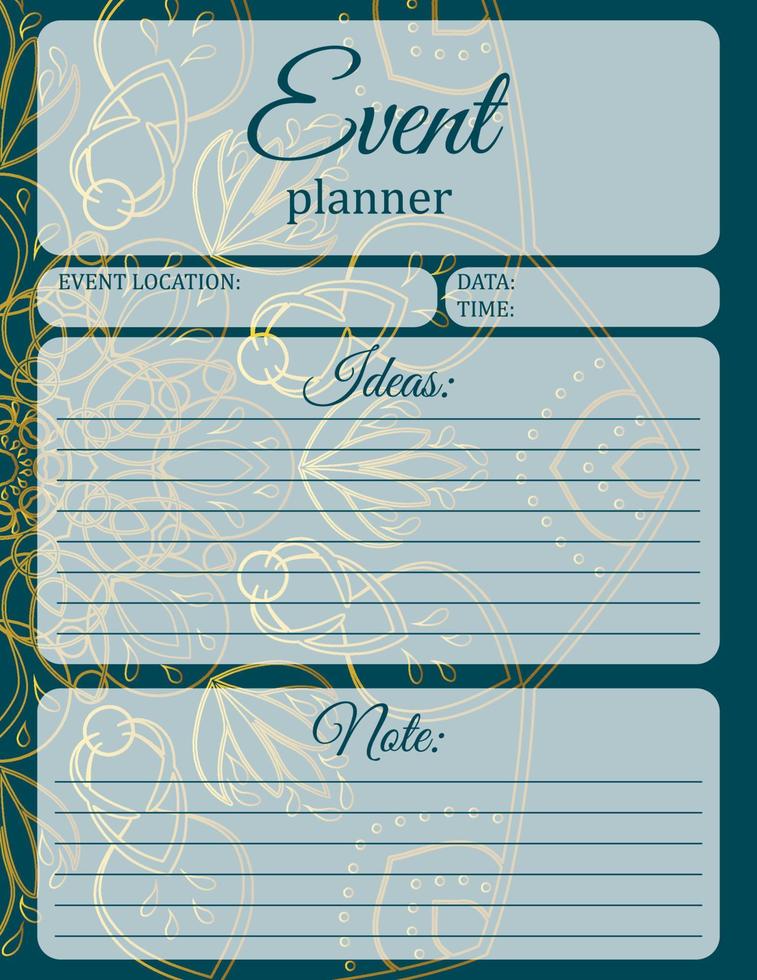 Event Planner Template. Notepad page design with mandala print. Vector illustration