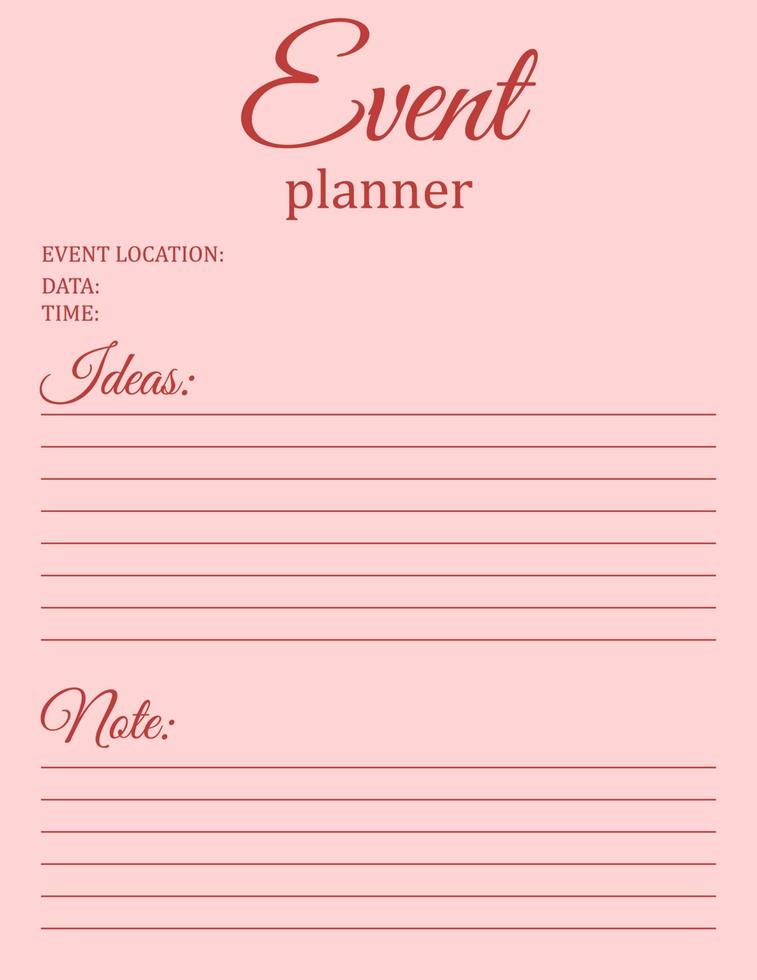 plantilla de planificador de eventos. diseño de página de cuaderno minimalista. ilustración vectorial vector
