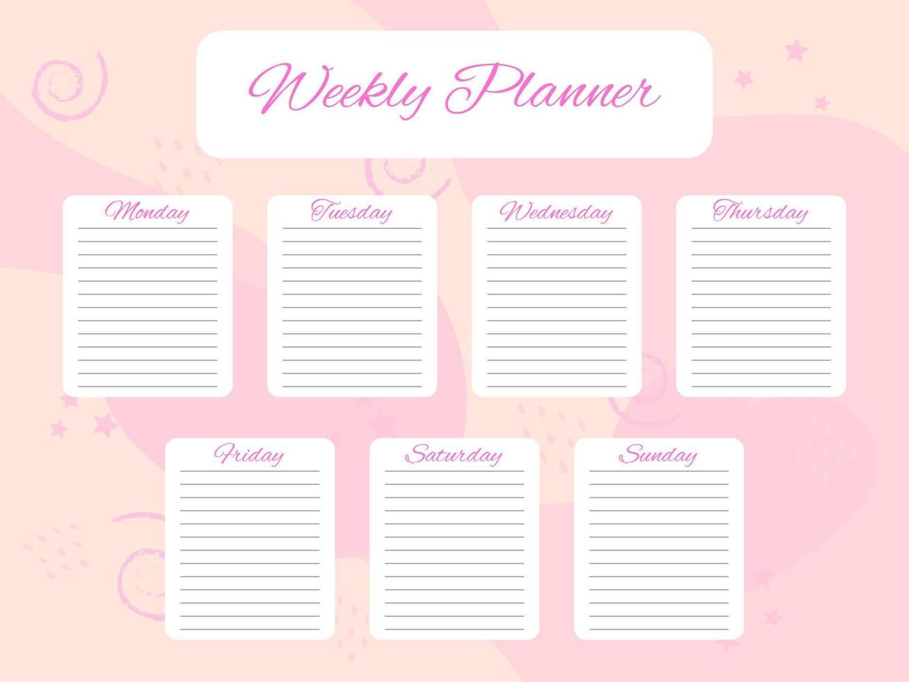 Weekly planner doodle elements on pink background. Schedule design template. To do list for every day of the week. Self organization. Vector illustration