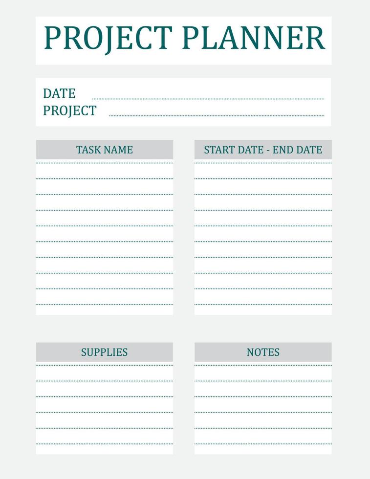 Project Planner Template. A concise design for a business notepad page. Business organizer. Project schedule. Letter format. Vector illustration