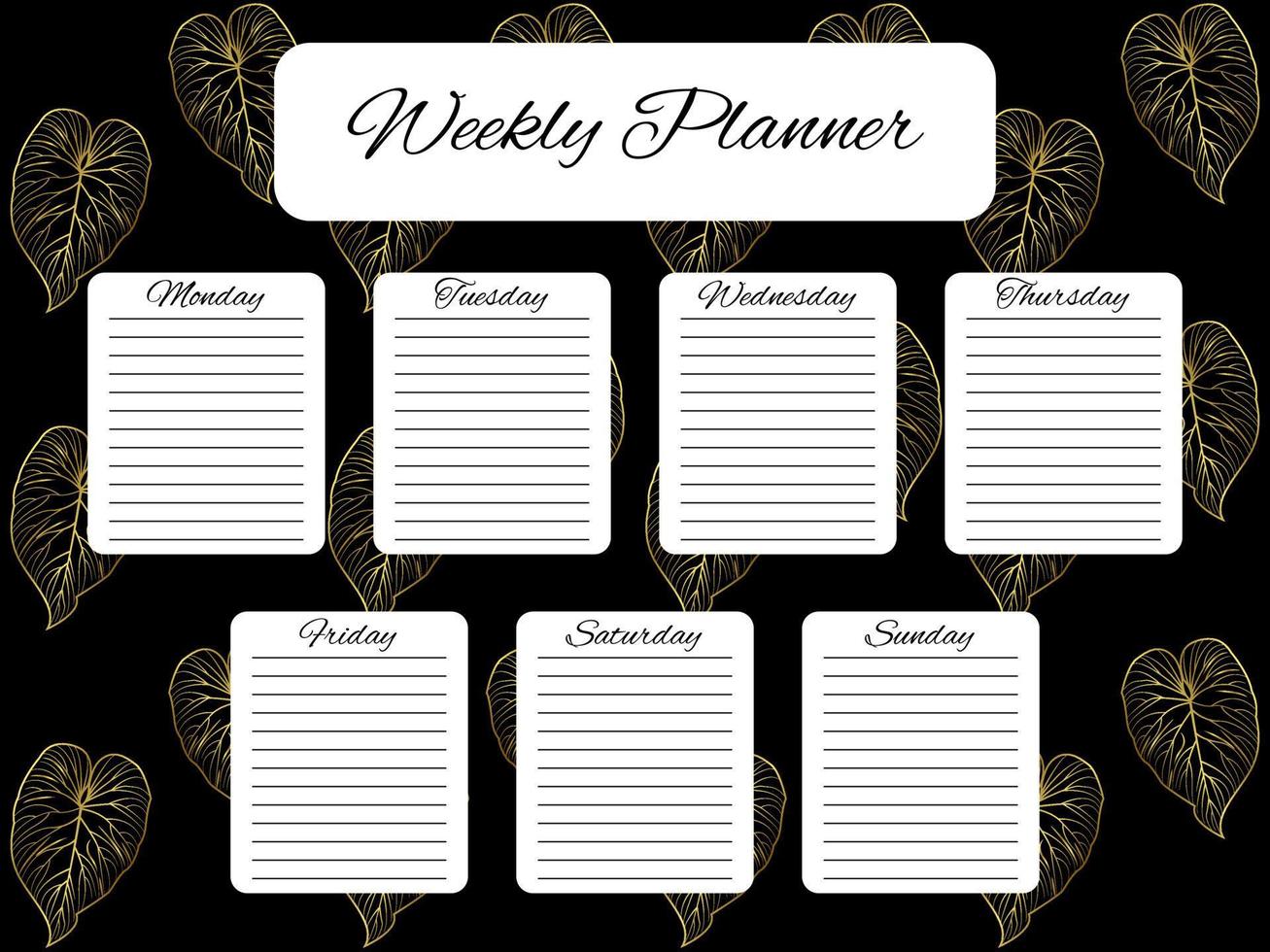 Weekly planner with gold leaf elements on black background. Schedule design template. To do list for every day of the week. Self organization. Vector illustration