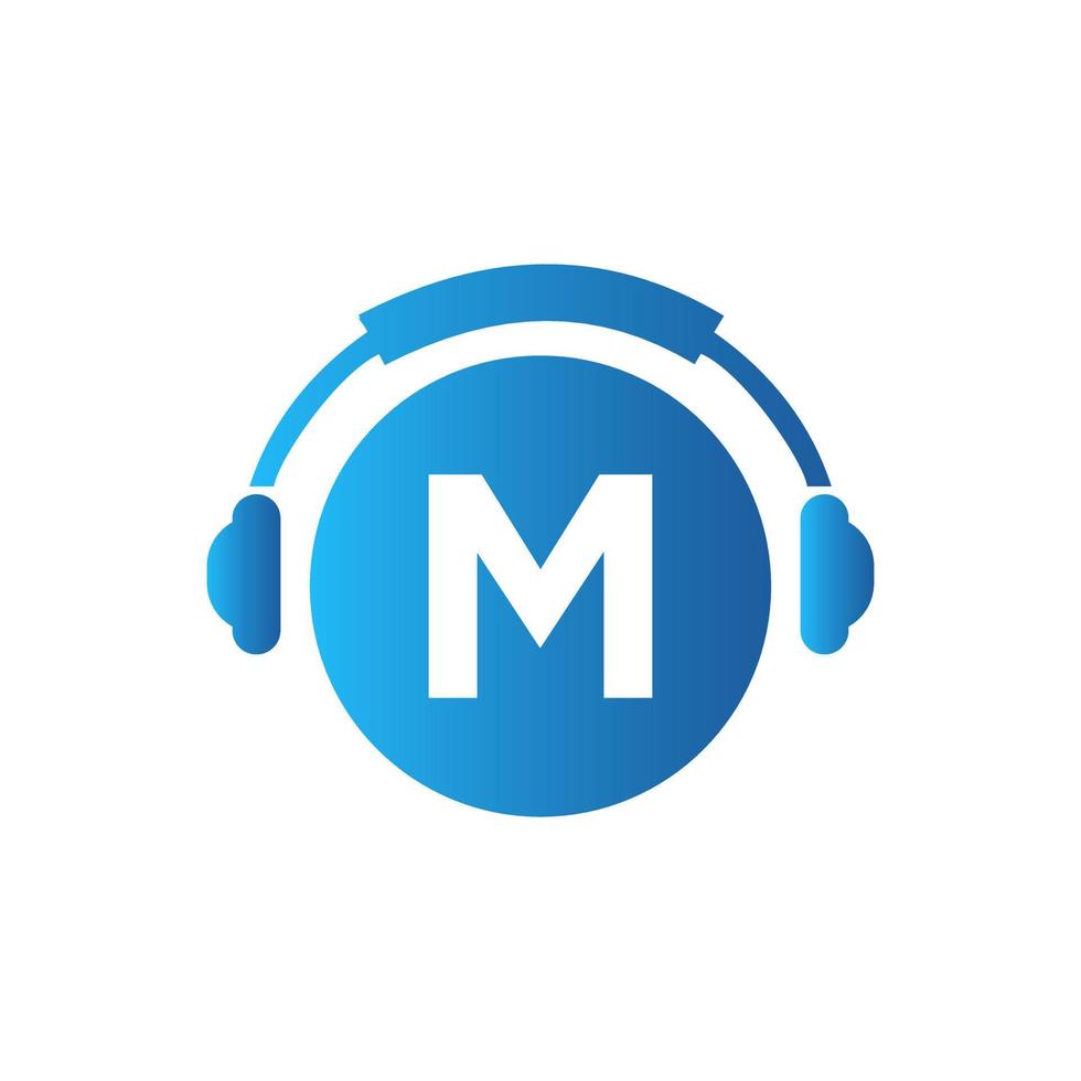 diseño del logotipo de la música de la letra m. concepto de auriculares de diseño de logotipo de música y podcast de dj vector