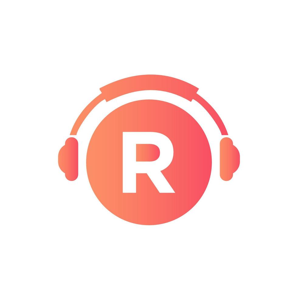 diseño del logotipo de la música de la letra r. concepto de auriculares de diseño de logotipo de música y podcast de dj vector