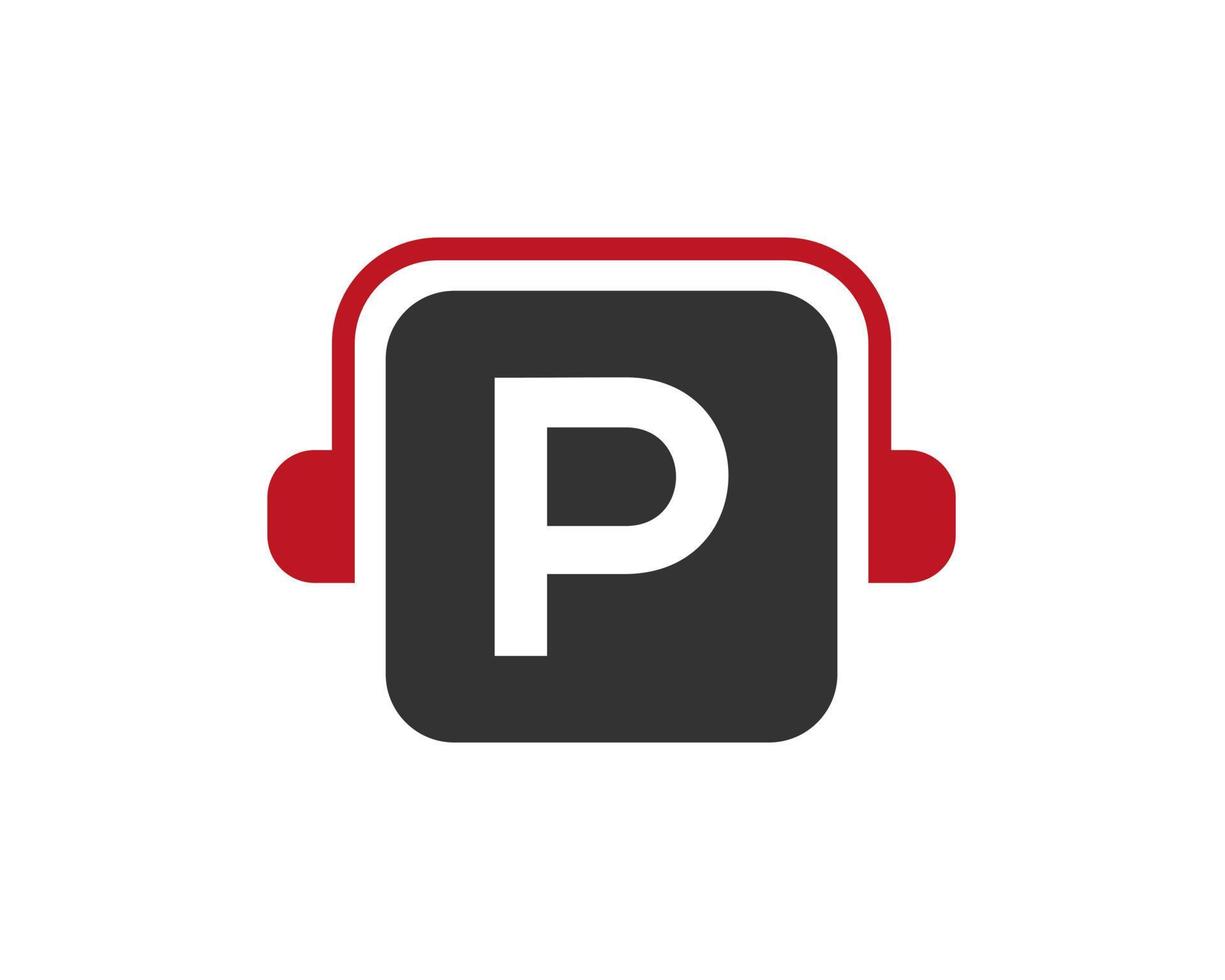 diseño del logotipo de la música de la letra p. concepto de auriculares de diseño de logotipo de música y podcast de dj vector