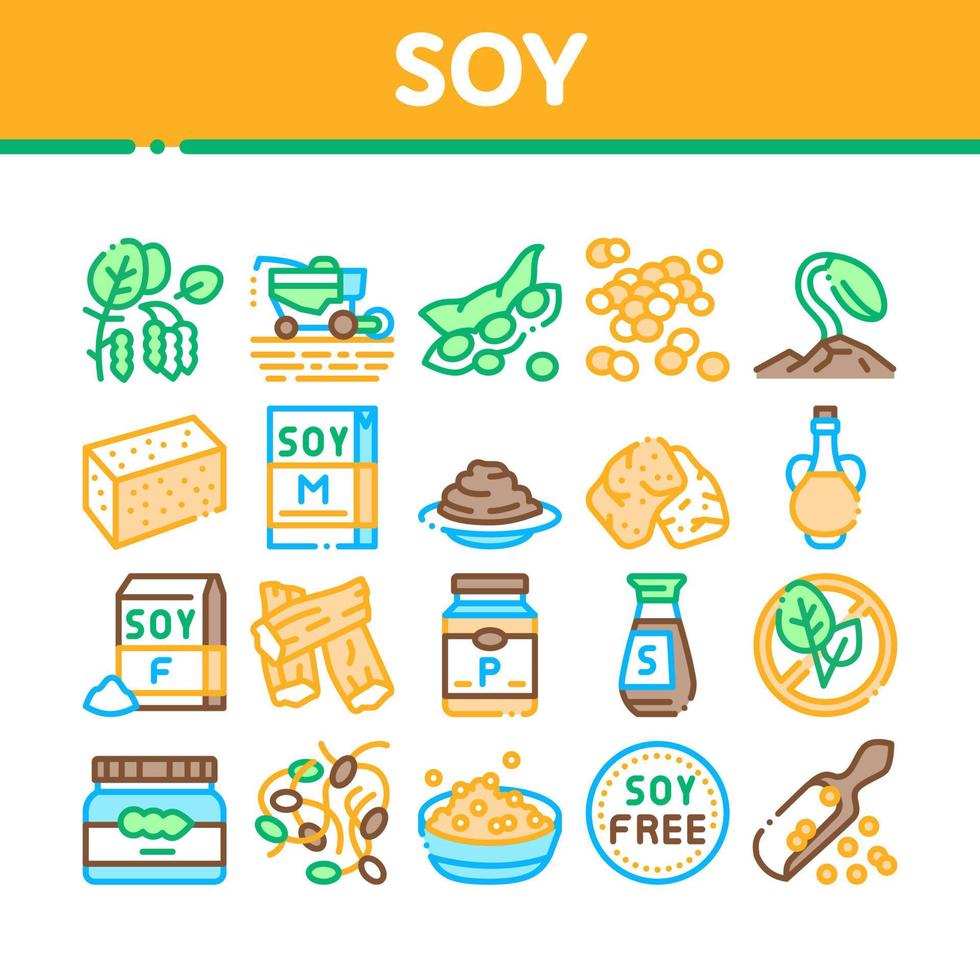 Soy Bean Food Product Collection Icons Set Vector