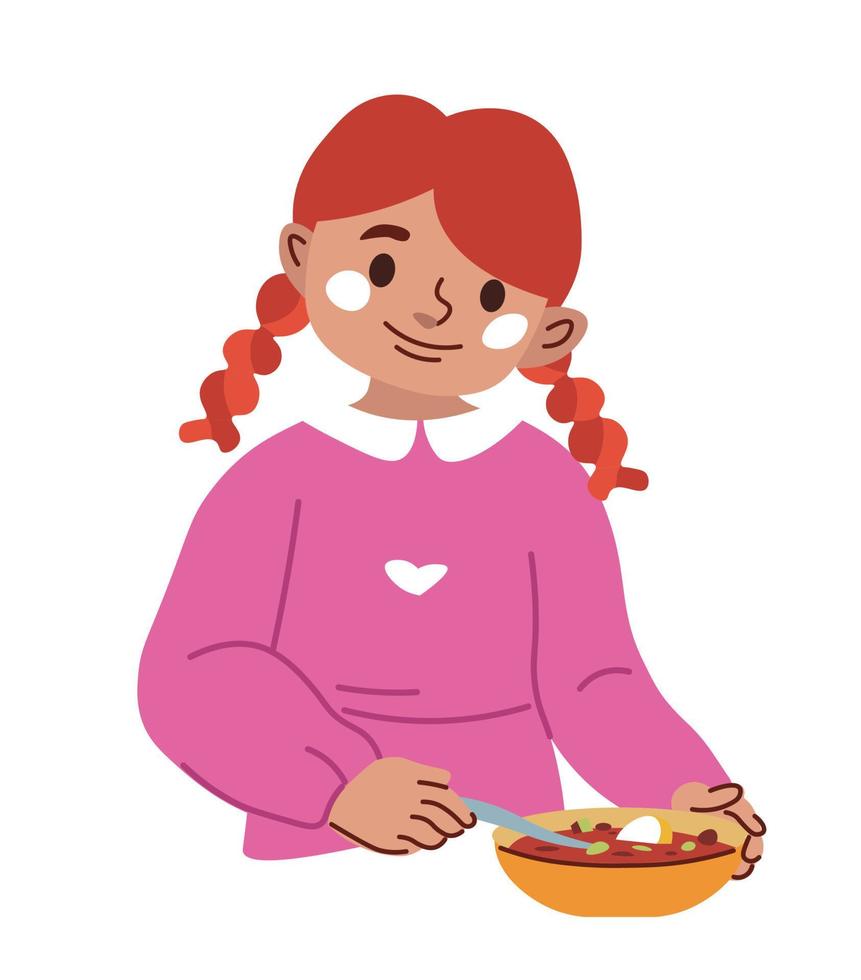 Girl eating soup at home or school canteen vector