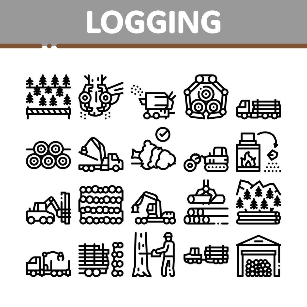 Wood Logging Industry Collection Icons Set Vector