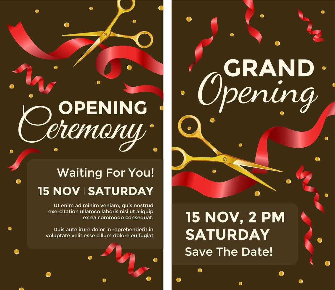 Grand opening, scissors cutting red ribbon banners vector