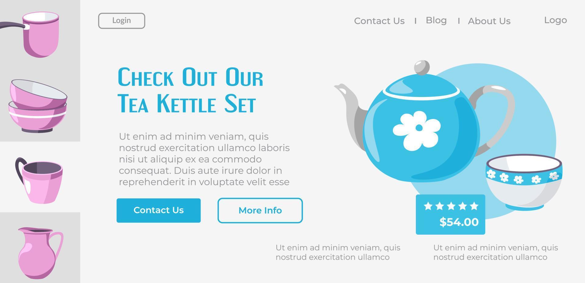 Check out our tea kettle set, kitchenware shop vector