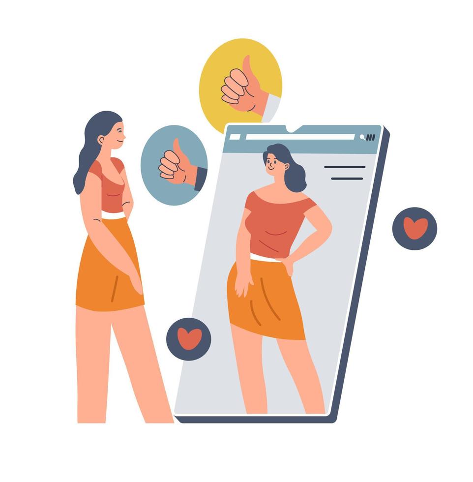 Woman looking at mirror reflections, thumbs up vector