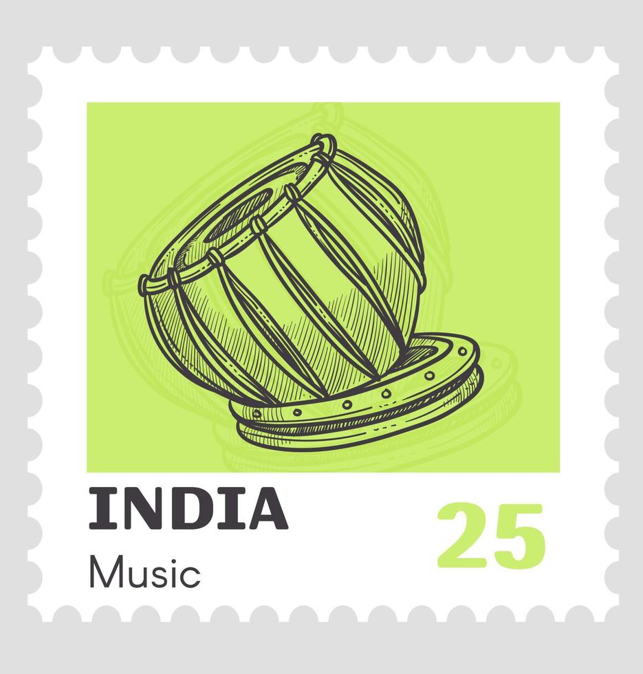 Indian music instruments and culture postmark vector