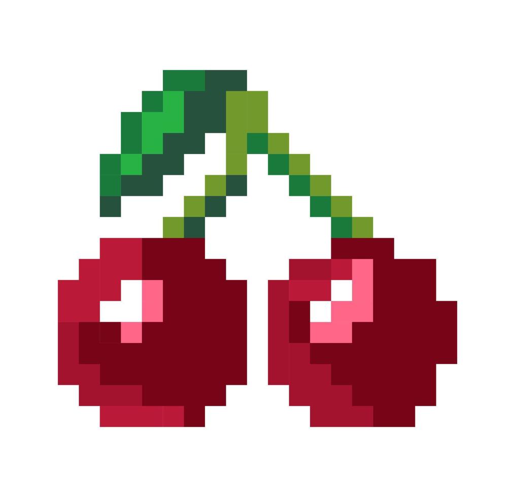 Ripe cherries on stem with leaves, pixel style vector
