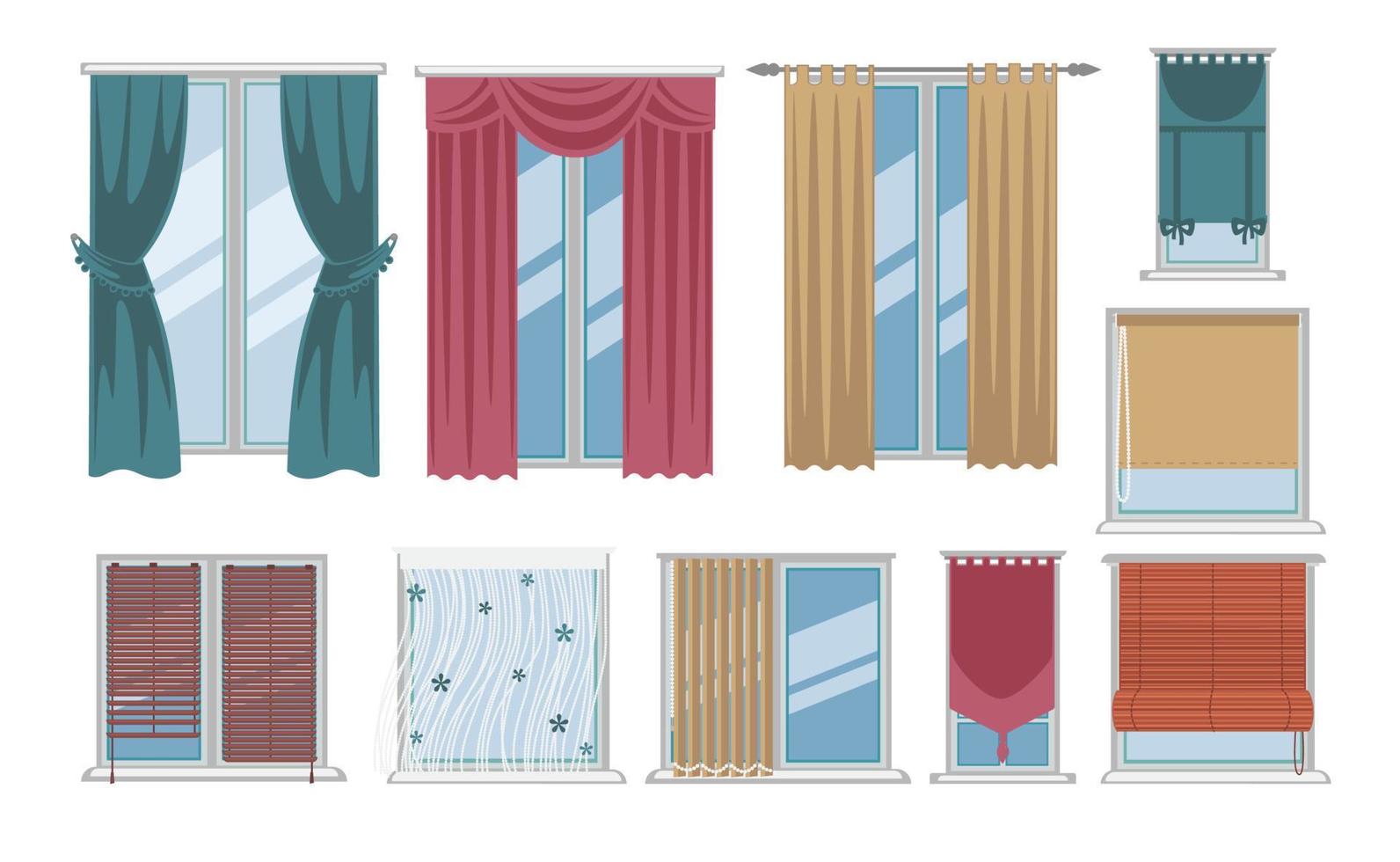 Curtains and drapes on windows, interior design vector