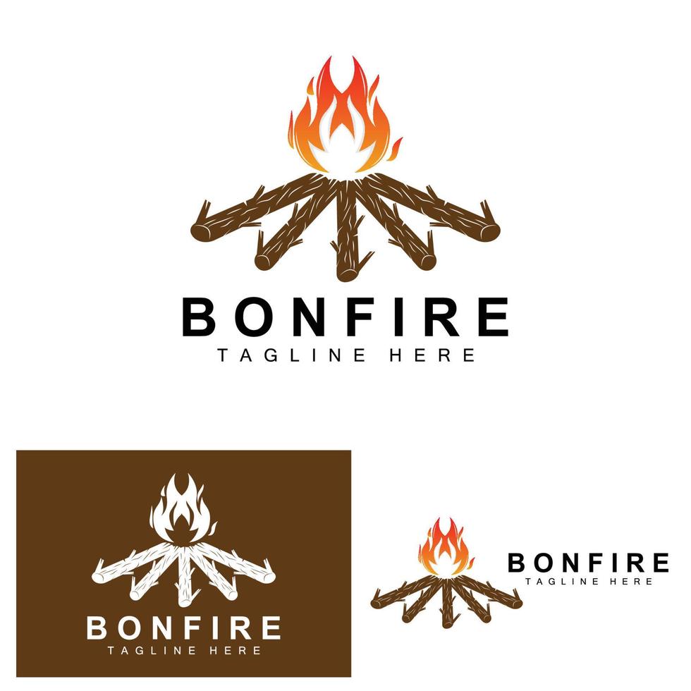 diseño de logotipo de fogata, vector de camping, fuego de madera y diseño forestal