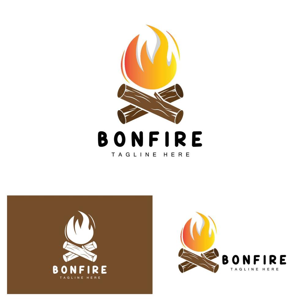 diseño de logotipo de fogata, vector de camping, fuego de madera y diseño forestal