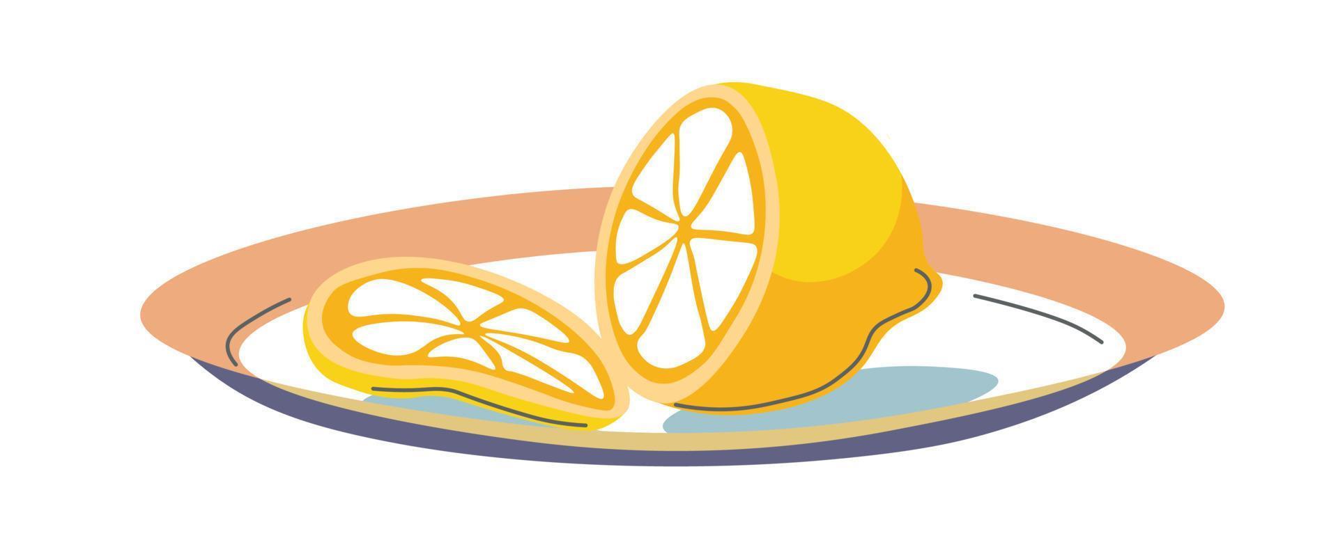 Lemon sliced served on plate, sour citrus fruit vector